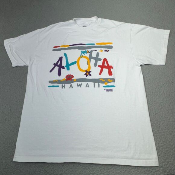 Vintage Hawaii Shirt Men Large White Aloha Single Stitch USA Made 90s Rival Tees - Picture 1 of 16
